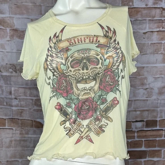 Sinful By Affliction Sheer Short Sleeve T-Shirt - Yellow - XS / L - NWT - Picture 2 of 8